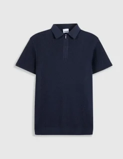 Polo manches courtes marine tricot relief ajouré Homme