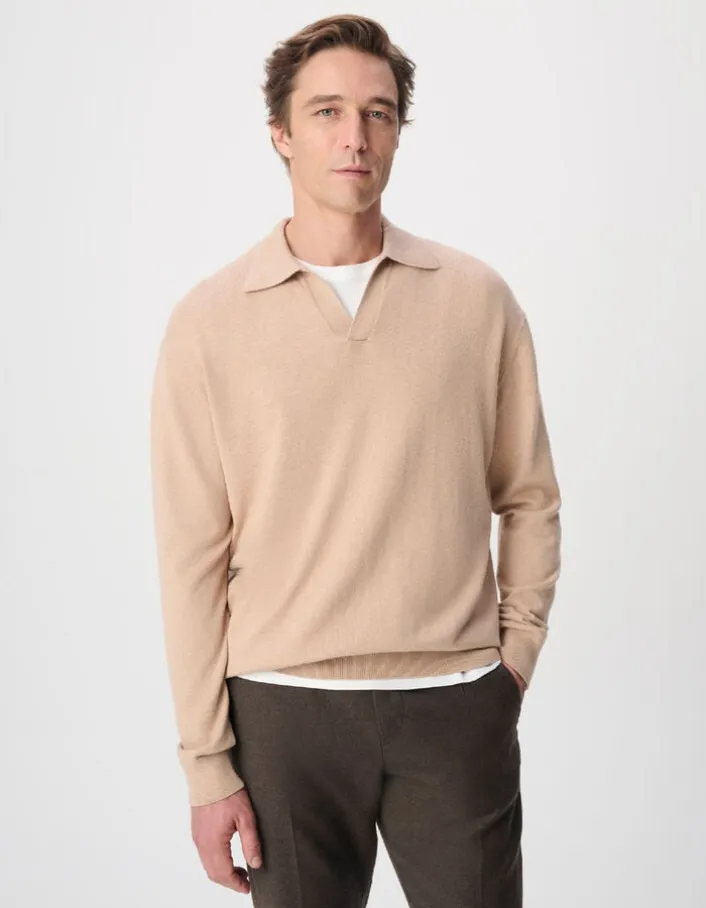 Polo manches longues marron beige Homme