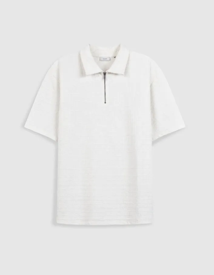 Polo zippé blanc jacquard carreaux Homme