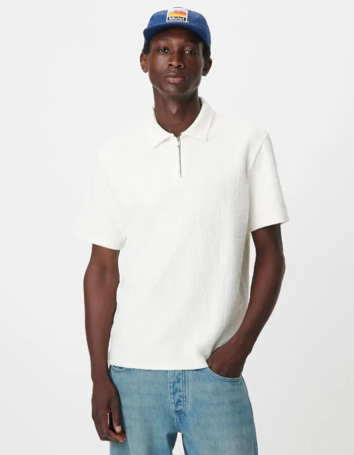 Polo zippé blanc jacquard carreaux Homme