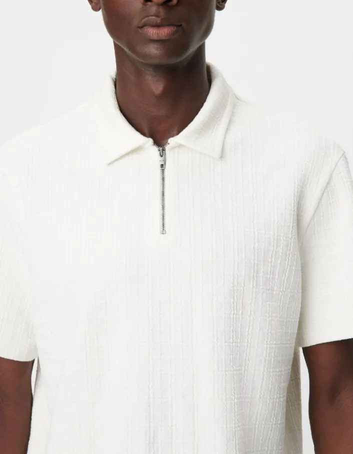 Polo zippé blanc jacquard carreaux Homme