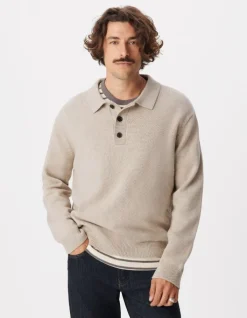Pull beige tricot col polo boutonné Homme