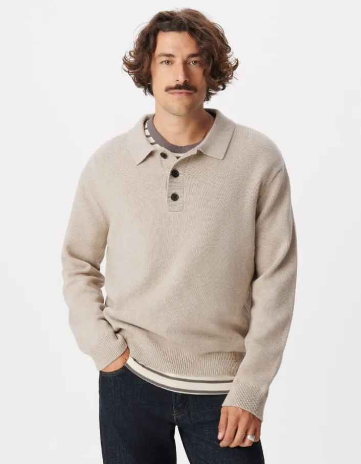 Pull beige tricot col polo boutonné Homme
