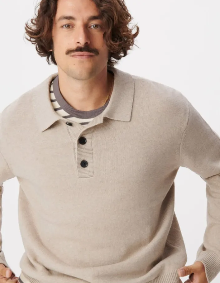 Pull beige tricot col polo boutonné Homme