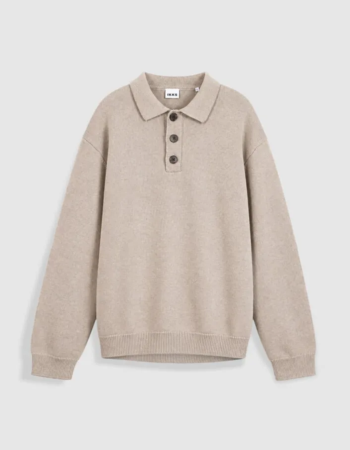 Pull beige tricot col polo boutonné Homme
