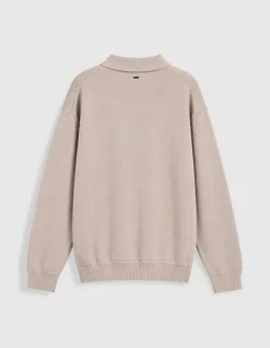 Pull beige tricot col polo boutonné Homme