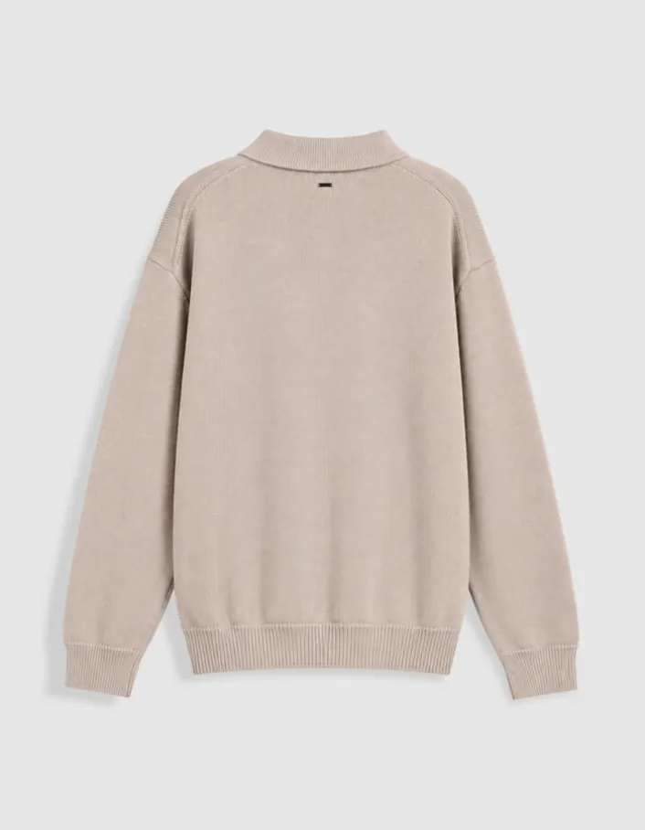 Pull beige tricot col polo boutonné Homme