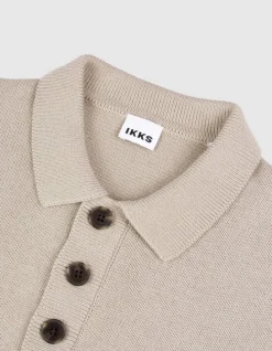 Pull beige tricot col polo boutonné Homme