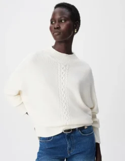 Pull blanc tricot 100% laine motif torsades Femme