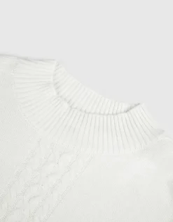 Pull blanc tricot 100% laine motif torsades Femme