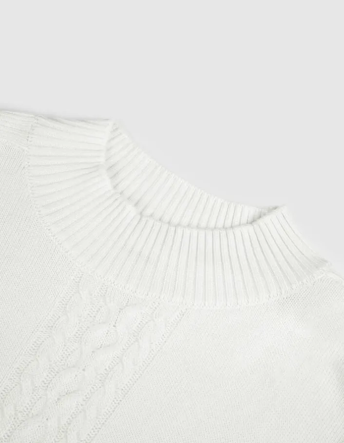 Pull blanc tricot 100% laine motif torsades Femme