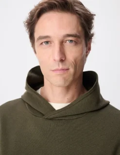Pull capuche kaki tricot poche kangourou Homme