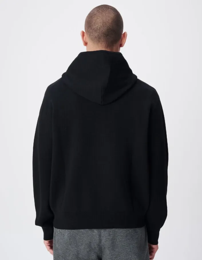 Pull capuche noir tricot poche kangourou Homme