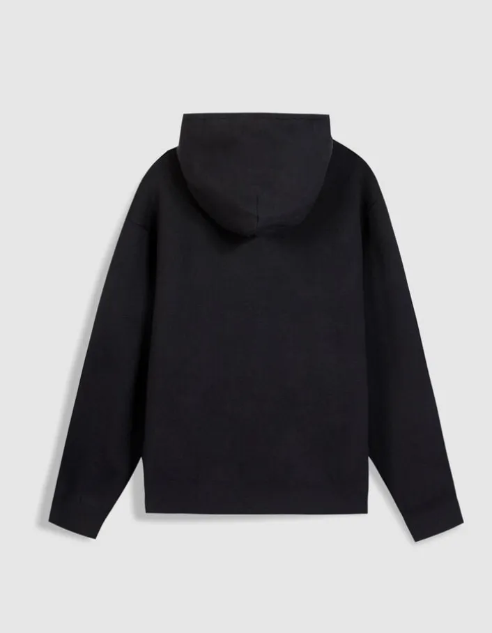 Pull capuche noir tricot poche kangourou Homme
