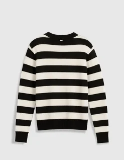 Pull col boutonné noir tricot laine motif rayures Femme