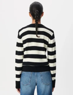 Pull col boutonné noir tricot laine motif rayures Femme