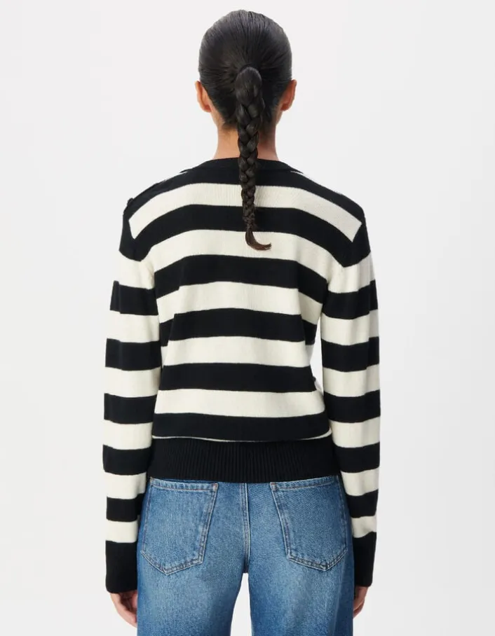 Pull col boutonné noir tricot laine motif rayures Femme