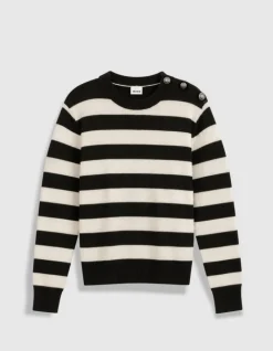 Pull col boutonné noir tricot laine motif rayures Femme