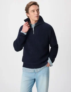 Pull col camionneur marine tricot côtelé Homme