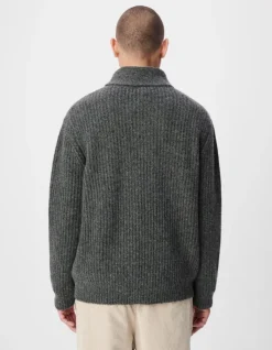 Pull col châle gris tricot à grosses côtes Homme