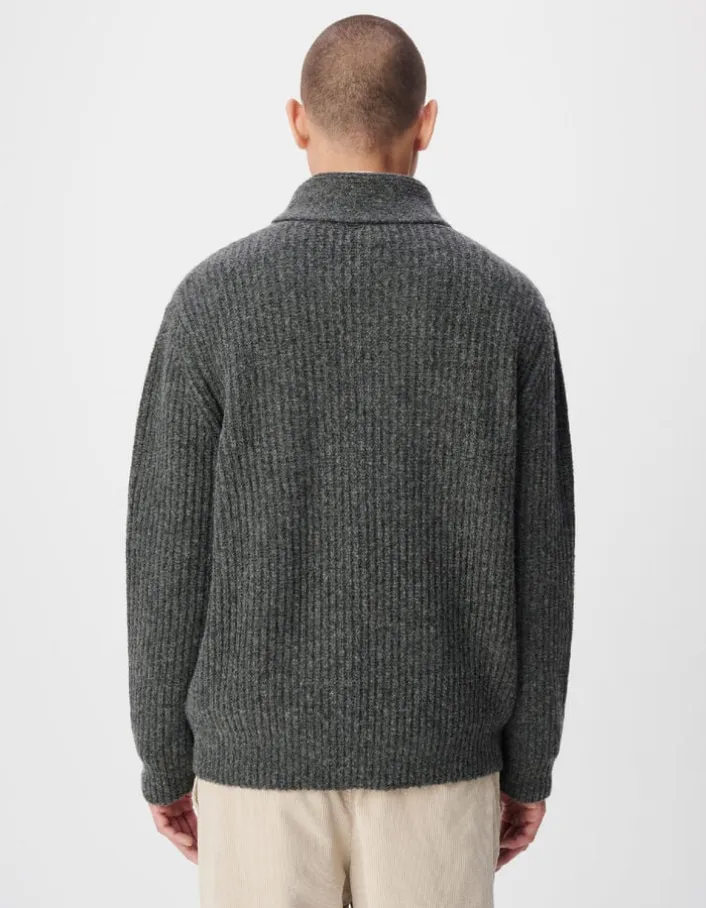 Pull col châle gris tricot à grosses côtes Homme