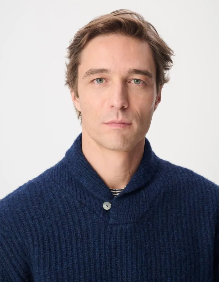 Pull col châle marine tricot à grosses côtes Homme