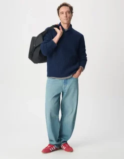 Pull col châle marine tricot à grosses côtes Homme