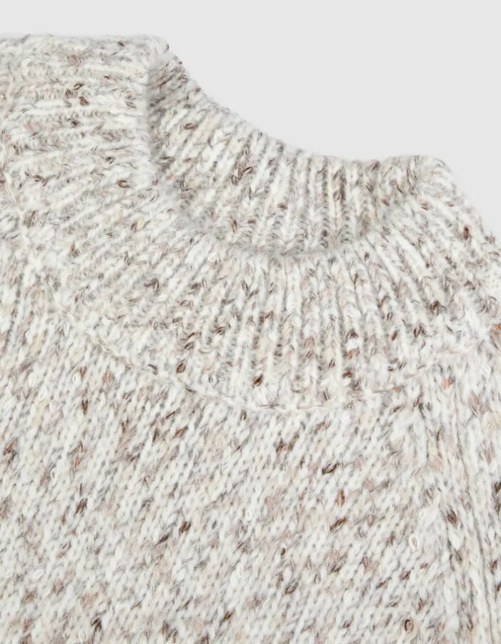 Pull col montant beige tricot mouliné Femme