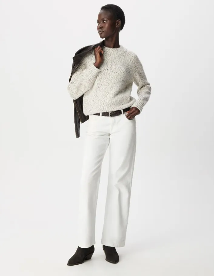 Pull col montant beige tricot mouliné Femme