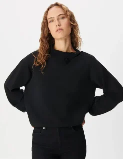 Pull col montant noir tricot boutons strass épaules Femme