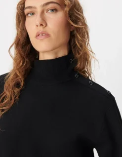 Pull col montant noir tricot boutons strass épaules Femme