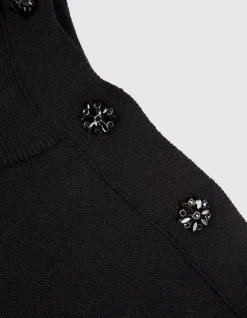 Pull col montant noir tricot boutons strass épaules Femme