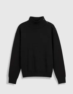 Pull col montant noir tricot boutons strass épaules Femme