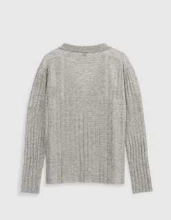 Pull col polo gris tricot côtelé Femme