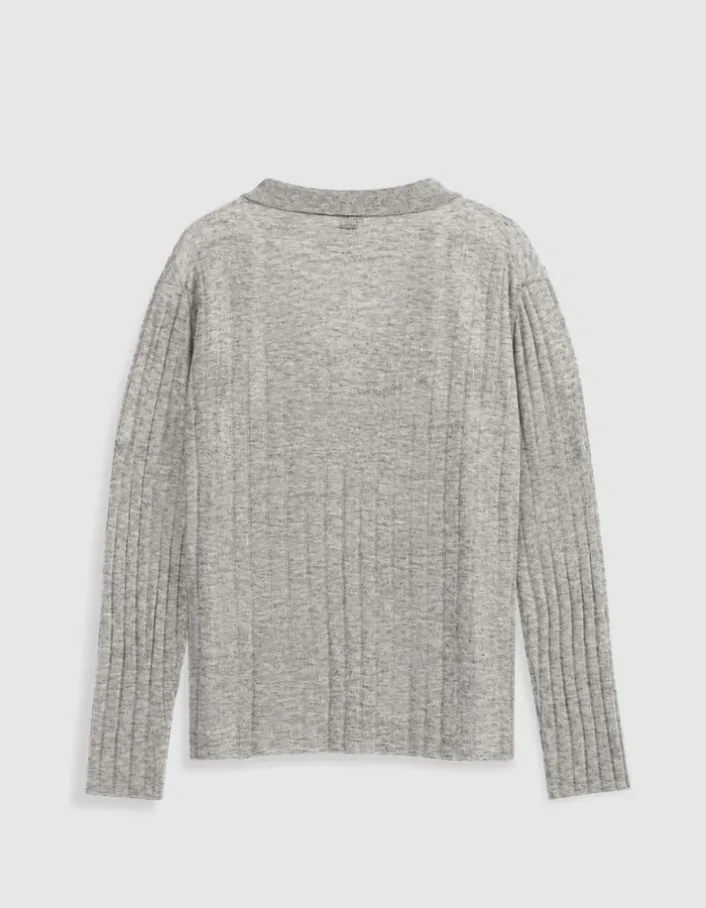 Pull col polo gris tricot côtelé Femme