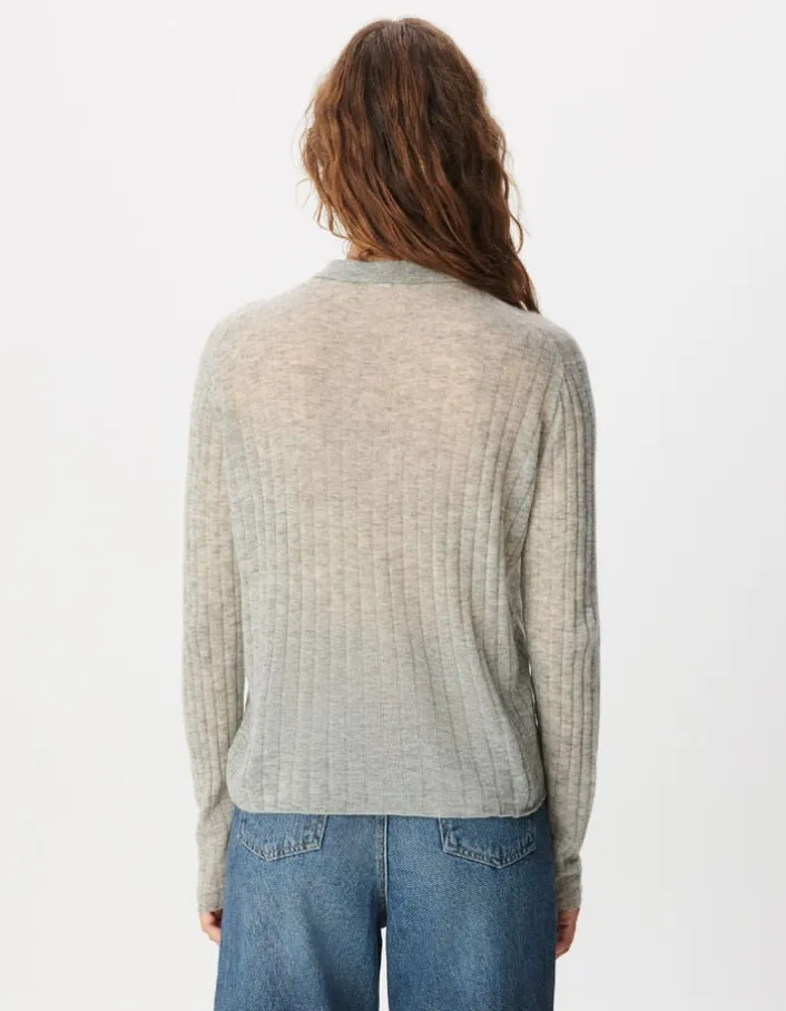 Pull col polo gris tricot côtelé Femme