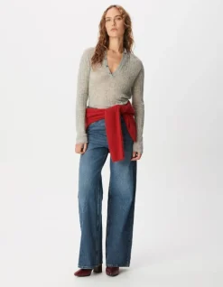 Pull col polo gris tricot côtelé Femme