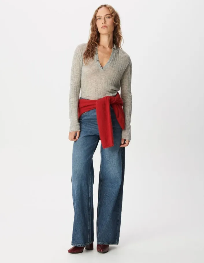 Pull col polo gris tricot côtelé Femme