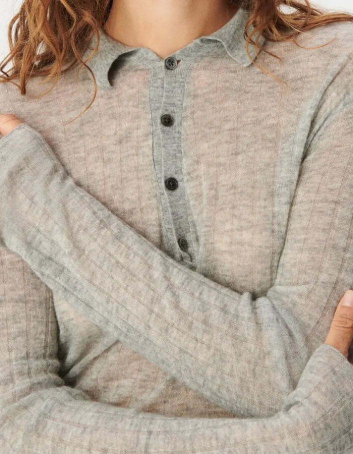 Pull col polo gris tricot côtelé Femme