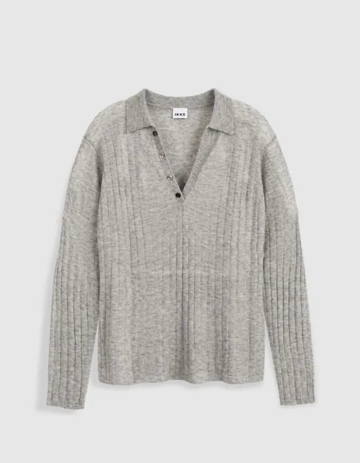 Pull col polo gris tricot côtelé Femme