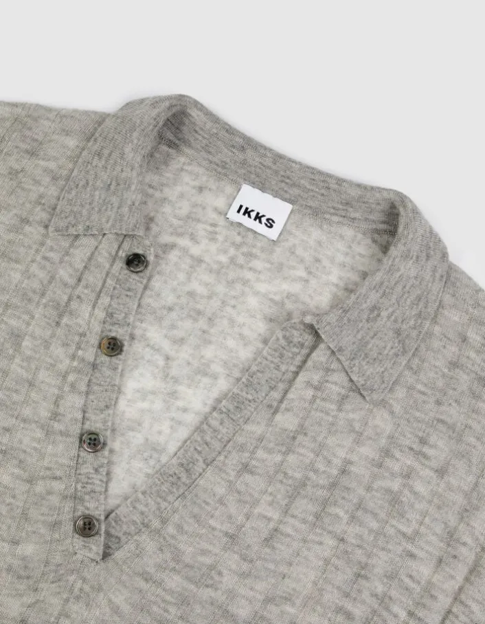 Pull col polo gris tricot côtelé Femme