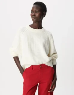 Pull col rond blanc tricot points fantaisie Femme