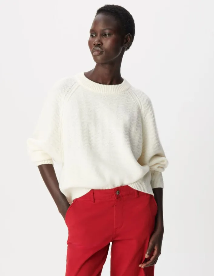 Pull col rond blanc tricot points fantaisie Femme