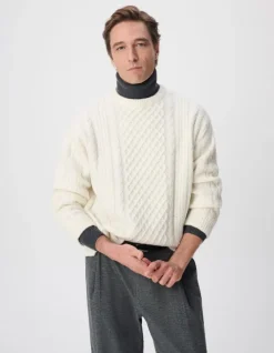 Pull col rond blanc tricot points torsades Homme