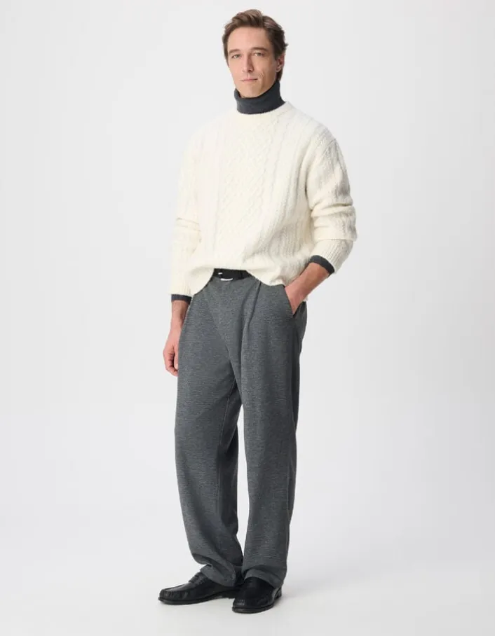 Pull col rond blanc tricot points torsades Homme