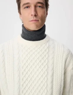Pull col rond blanc tricot points torsades Homme