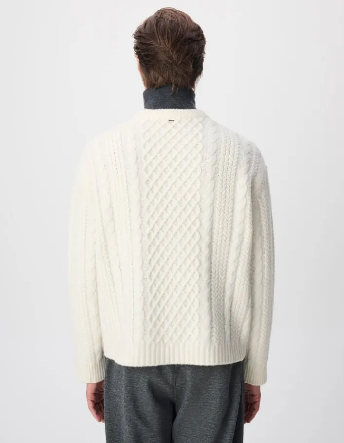 Pull col rond blanc tricot points torsades Homme