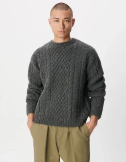 Pull col rond gris tricot points torsades Homme