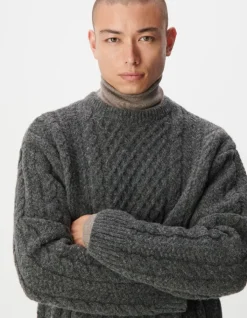 Pull col rond gris tricot points torsades Homme