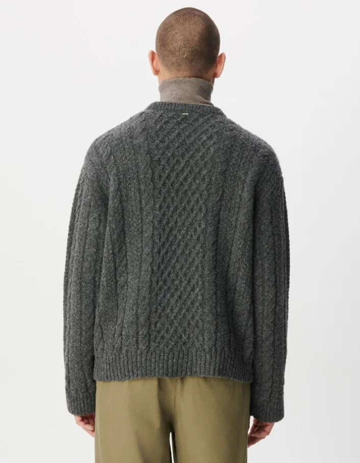 Pull col rond gris tricot points torsades Homme